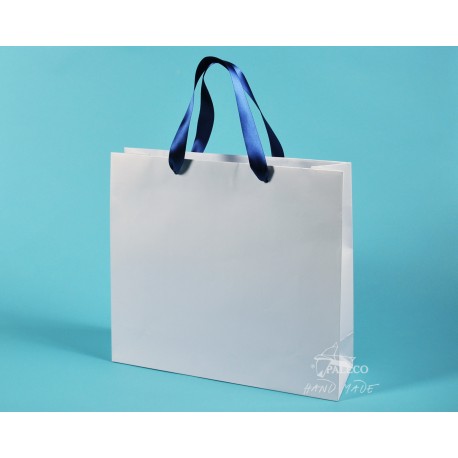 papírové tašky KVIDO 36x12x33 bílý ofset 140g modrá stuha